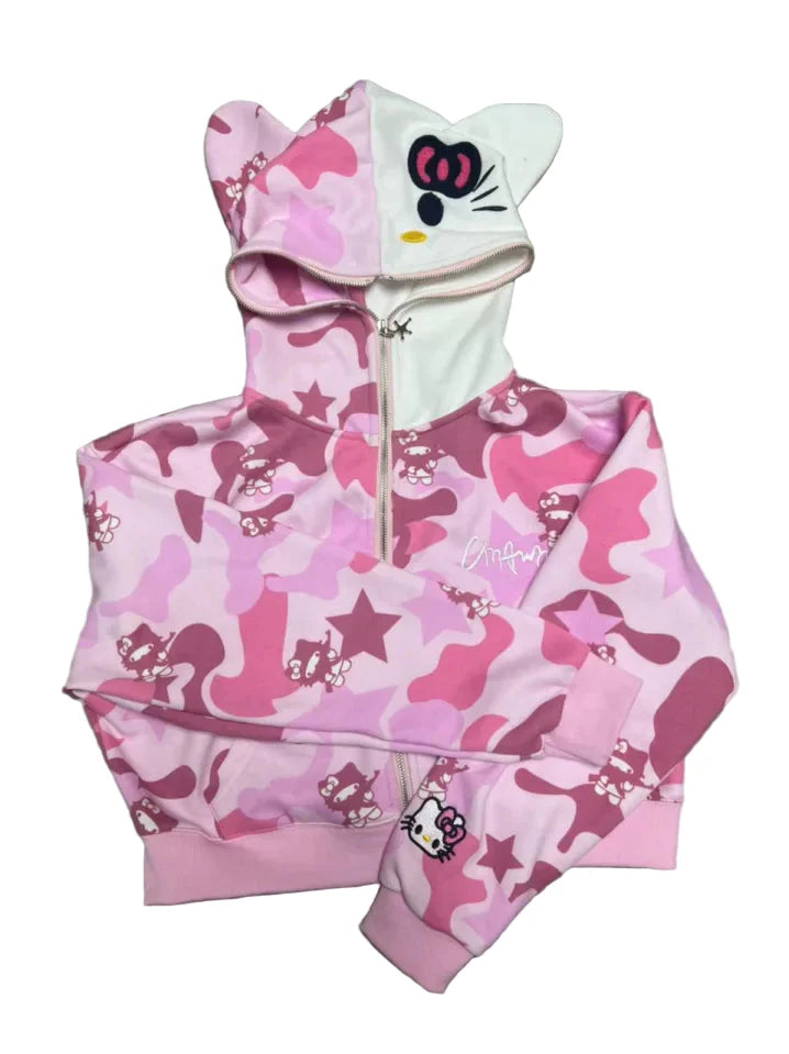 Y2K Cinnawrld Hooded Zipper Sweatshirt: Kawaii Anime Cotton Long Sleeve Sweater
