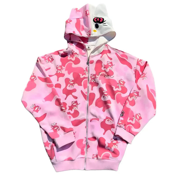 Y2K Cinnawrld Hooded Zipper Sweatshirt: Kawaii Anime Cotton Long Sleeve Sweater