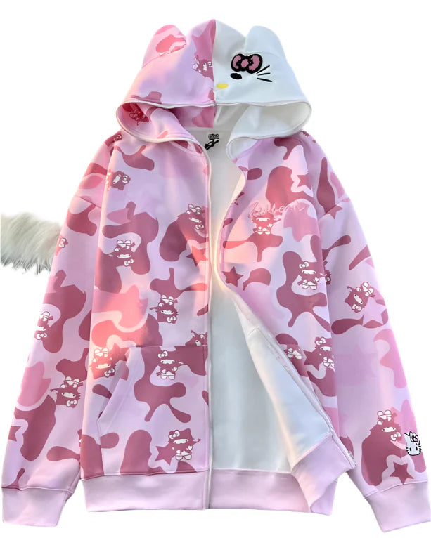 Y2K Cinnawrld Hooded Zipper Sweatshirt: Kawaii Anime Cotton Long Sleeve Sweater