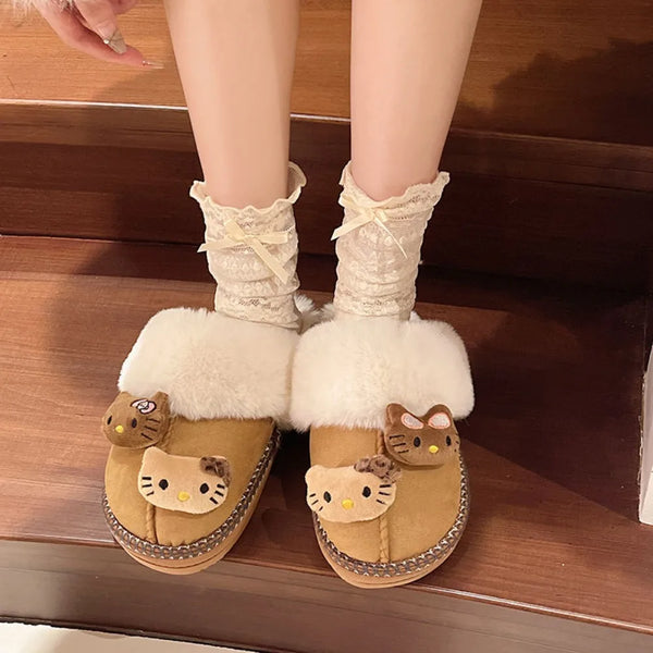 Plush Faux-Fur Bow Slides Indoor Slippers Soft Non-Slip Comfort