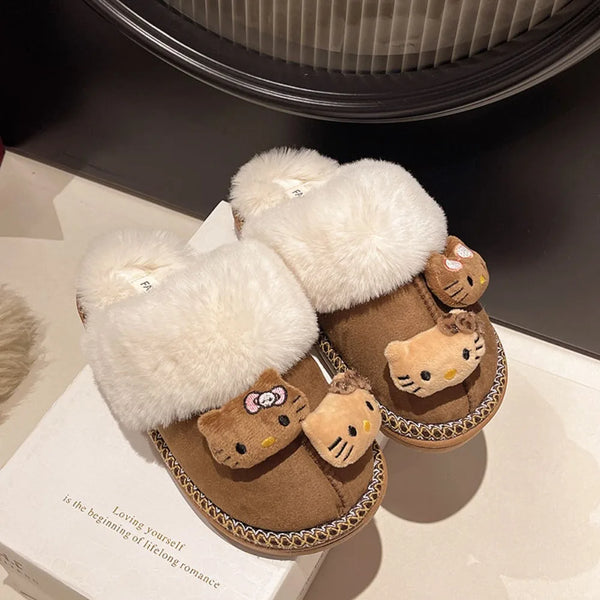 Plush Faux-Fur Bow Slides Indoor Slippers Soft Non-Slip Comfort
