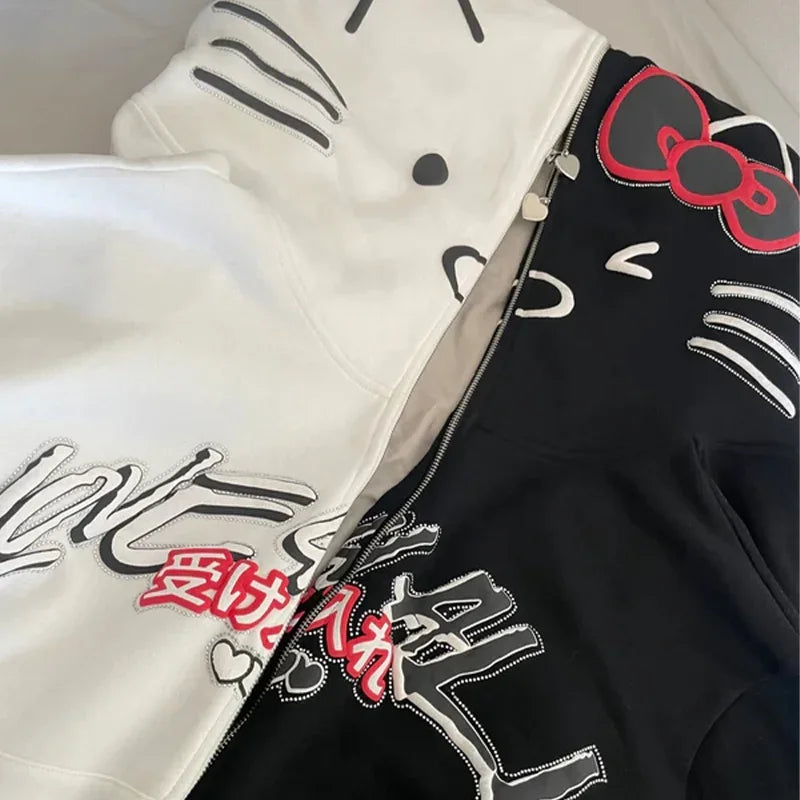 Y2K Harajuku Zip-Up Hoodie Oversized Kawaii Streetwear Soft Blend