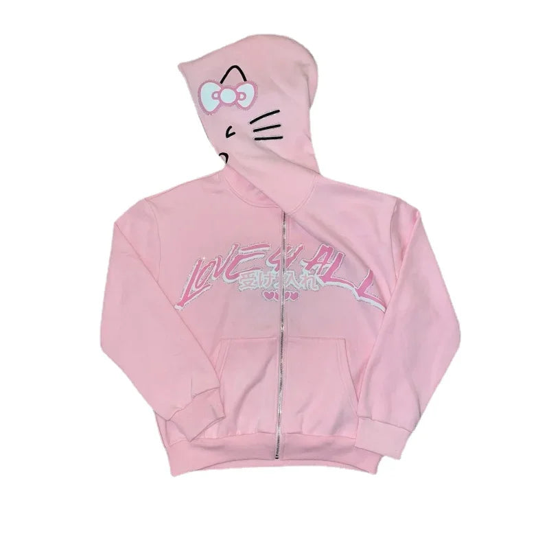 Y2K Harajuku Zip-Up Hoodie Oversized Kawaii Streetwear Soft Blend