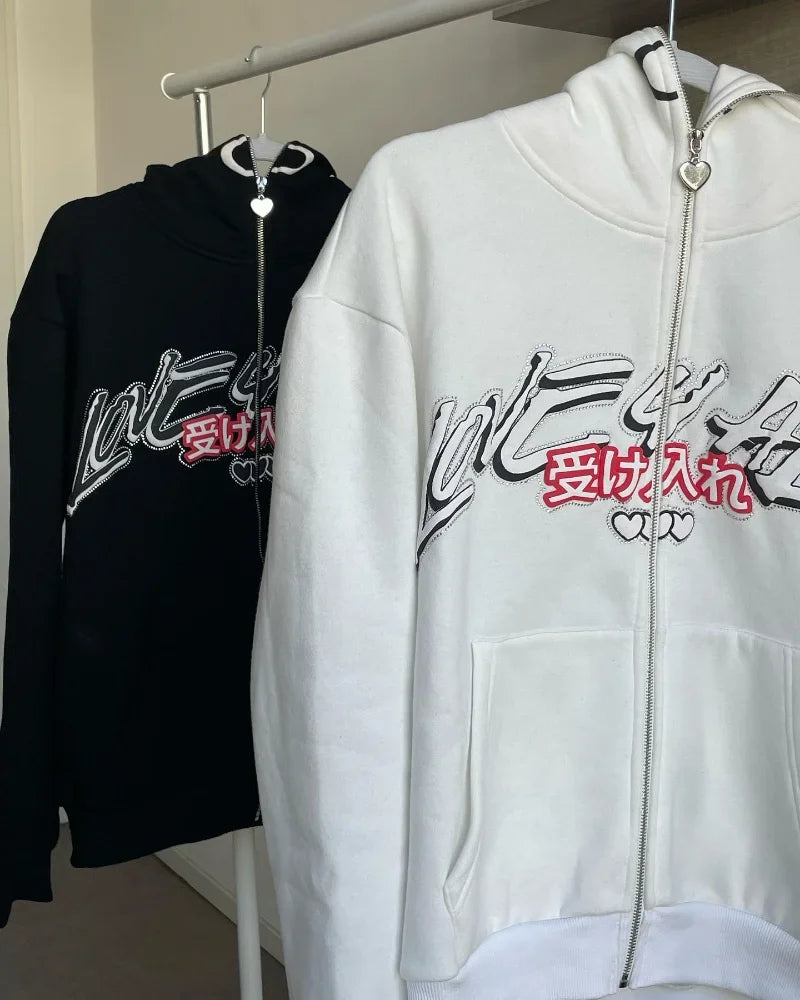 Y2K Harajuku Zip-Up Hoodie Oversized Kawaii Streetwear Soft Blend