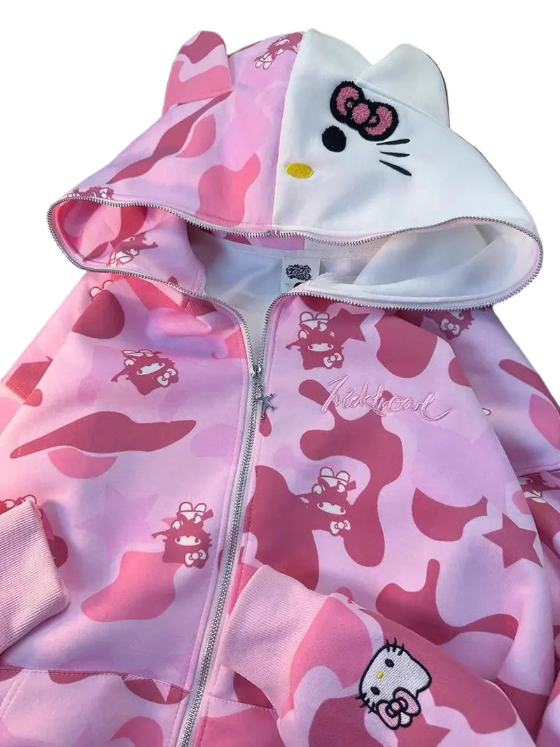 Y2K Cinnawrld Hooded Zipper Sweatshirt: Kawaii Anime Cotton Long Sleeve Sweater